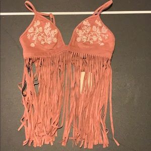 Faux sued  floral embroidered festival top